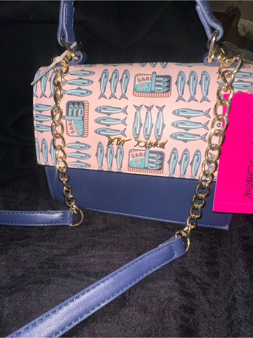 Betsey Johnson XOMYLO2 Sardine Fish Tin Top Handle Crossbody Bag Navy Multi NWT